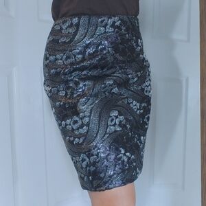 ANN‎ TAYLOR Sz 6 Black Gray Silver Metallic Sequin Lined Mini Pencil Skirt